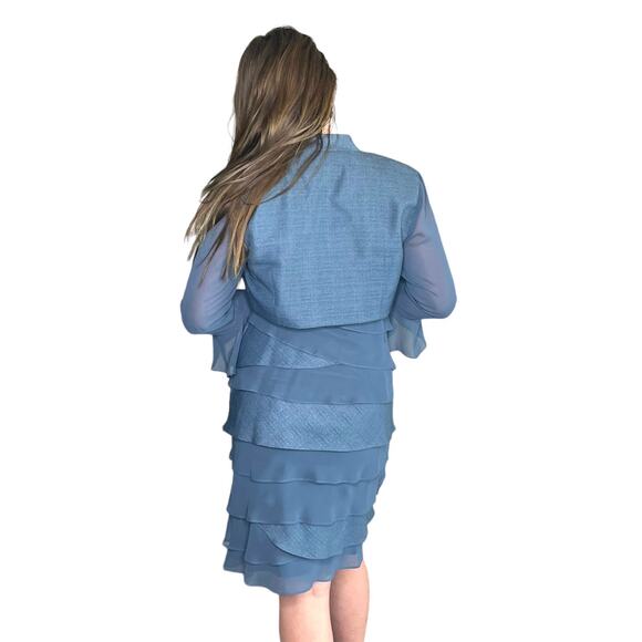 SL Fashions Formal DRESS 2+ CROP JACKET 6P Blue Tiered Beaded Ruffled Mob Wife - Picture 4 of 10